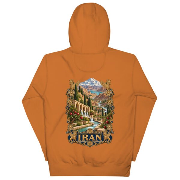 Persian Garden Iran unisex hoodie with ancient Persian columns before snowy mountains design
