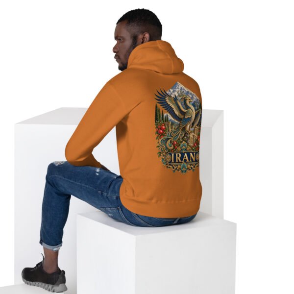 Simurgh Iran unisex hoodie with mountain valley with a stream, cypress trees and pomegranates design