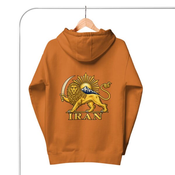 Adobe Lion and Sun Damavand unisex hoodie, back view with Lion and Sun emblem and IRAN design