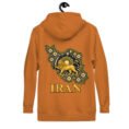 Adobe Lion and Sun Map of Iran unisex hoodie, back view with map of Iran with Persian tilework and Lion and Sun design