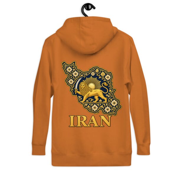 Adobe Lion and Sun Map of Iran unisex hoodie, back view with map of Iran with Persian tilework and Lion and Sun design