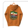 Adobe Iran Lion and Sun Flag unisex hoodie, back view with Lion and Sun flag over Mount Damavand design