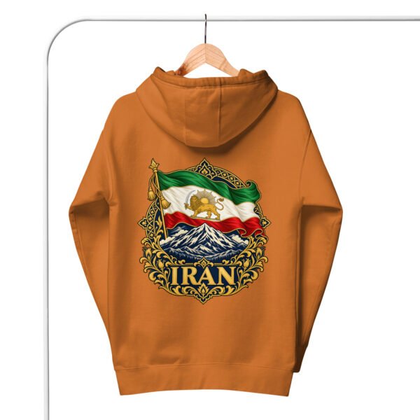unisex-premium-pullover-hoodie-adobe-back-6acba6c36fe31.jpg Adobe Iran Lion and Sun Flag unisex hoodie, back view with Lion and Sun flag over Mount Damavand design