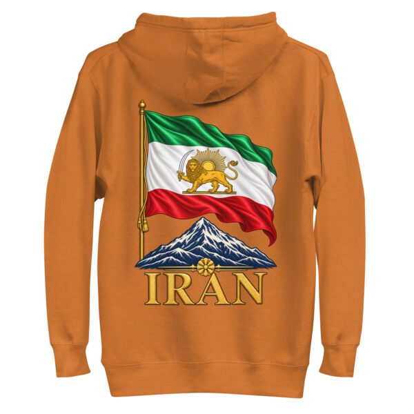 Adobe Lion and Sun Flag unisex hoodie, back view with waving Lion and Sun flag over Mount Damavand design