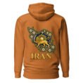Adobe Reza Shah Lion and Sun unisex hoodie, back view with map of Iran with Persian tilework and Lion and Sun design