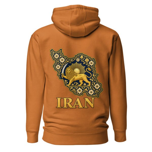 Adobe Reza Shah Lion and Sun unisex hoodie, back view with map of Iran with Persian tilework and Lion and Sun design