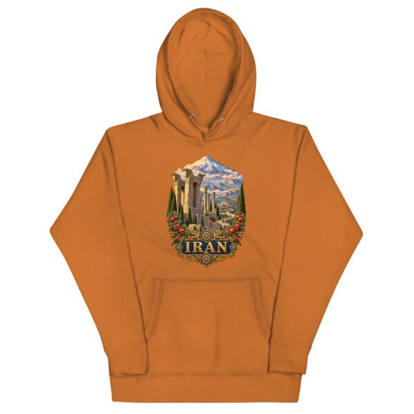 Persian Garden Iran unisex hoodie with ancient Persian columns before snowy mountains design