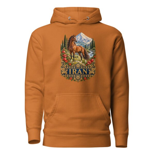 Silk Road Iran unisex hoodie with Iranian horse in the mountains design
