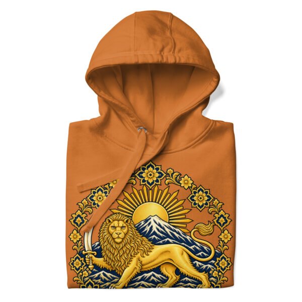 Adobe Lion and Sun Damavand unisex hoodie, front with golden Lion and Sun with Mount Damavand design