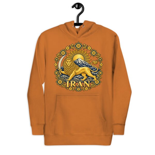 Adobe Lion and Sun Map of Iran unisex hoodie, front with Lion and Sun medallion design