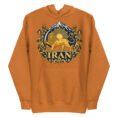 Adobe Lion and Sun Flag unisex hoodie, front with golden Lion and Sun crest with Damavand design