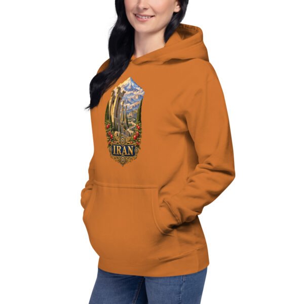 Persian Garden Iran unisex hoodie with ancient Persian columns before snowy mountains design