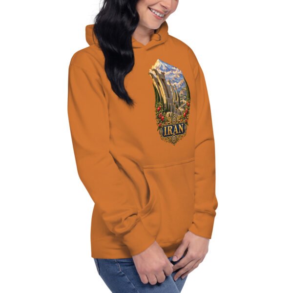 Persian Garden Iran unisex hoodie with ancient Persian columns before snowy mountains design