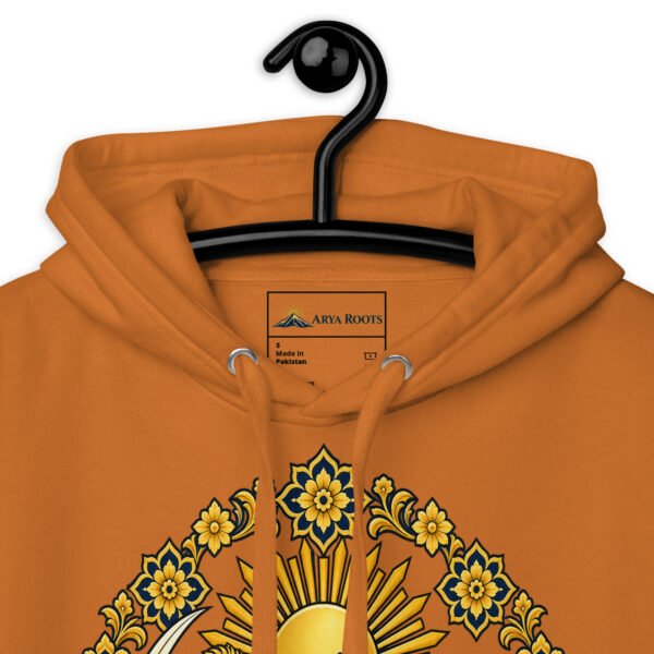 Adobe Lion and Sun Map of Iran unisex hoodie, front with Lion and Sun medallion design