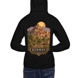 Black Kerman unisex hoodie, back view with Kaluts of Shahdad and the Shazdeh Garden of Mahan design