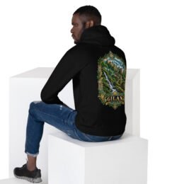 Black Gilan unisex hoodie, back view with Rudkhan Castle, misty forest and waterfalls design