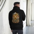 Black Gate of All Nations Iran unisex hoodie, back view with golden Achaemenid winged rhyton with ibex design