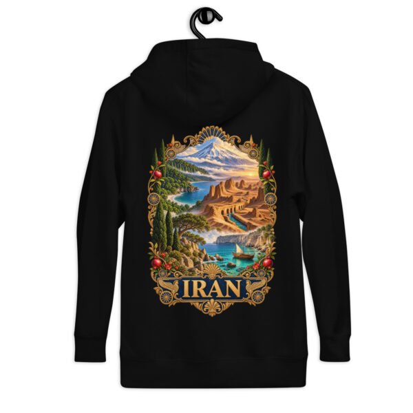 Black Iranian Cheetah unisex hoodie, back view with Iran’s landscapes from Mount Damavand to the Persian Gulf design
