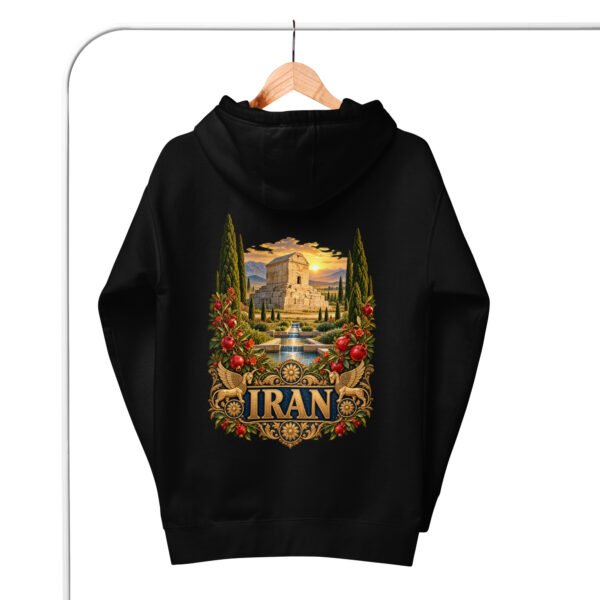 Black Tomb of Cyrus Iran unisex hoodie, back view with Tomb of Cyrus the Great at Pasargadae at sunset design