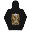 Black Persian Garden Iran unisex hoodie, back view with Persian garden with flowing water channels and arches design