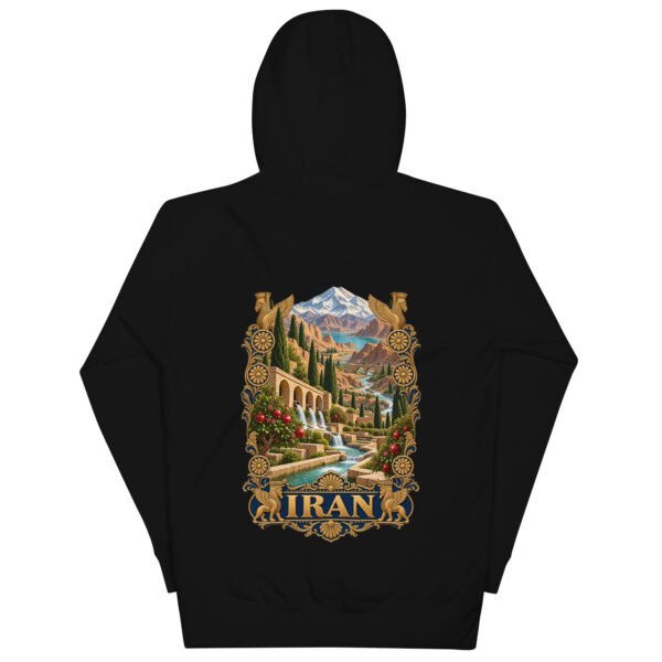 Black Persian Garden Iran unisex hoodie, back view with Persian garden with flowing water channels and arches design