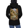 Black Persian Garden Iran unisex hoodie, back view with Persian garden with flowing water channels and arches design
