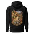 Black Silk Road Iran unisex hoodie, back view with Persian caravanserai and camel caravan on the Silk Road design
