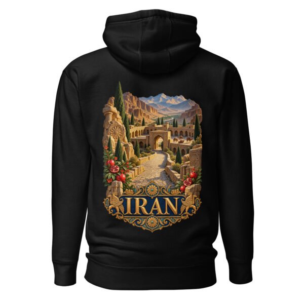 Black Silk Road Iran unisex hoodie, back view with Persian caravanserai and camel caravan on the Silk Road design
