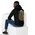 Black Simurgh Iran unisex hoodie, back view with Simurgh, the mythical bird of Persia, above snowy mountains design