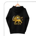 Black Lion and Sun Damavand unisex hoodie, back view with Lion and Sun emblem and IRAN design