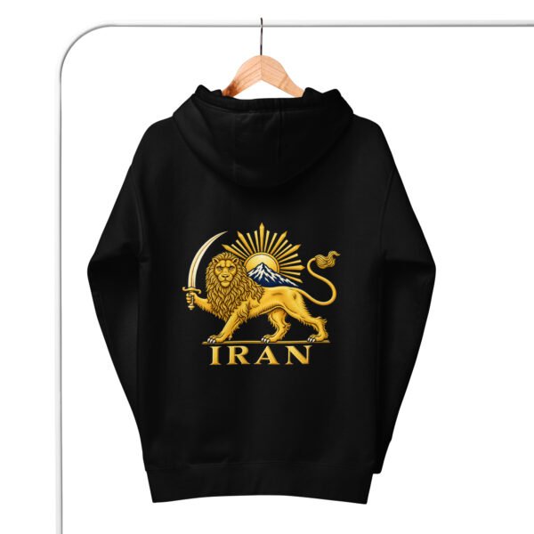 Black Lion and Sun Damavand unisex hoodie, back view with Lion and Sun emblem and IRAN design