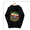 Black Iran Lion and Sun Flag unisex hoodie, back view with Lion and Sun flag over Mount Damavand design