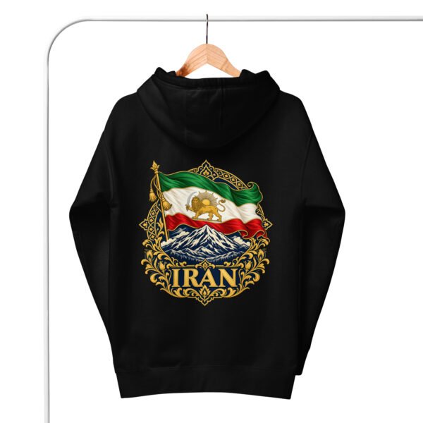 unisex-premium-pullover-hoodie-black-back-6acba6c36fbe6.jpg Black Iran Lion and Sun Flag unisex hoodie, back view with Lion and Sun flag over Mount Damavand design