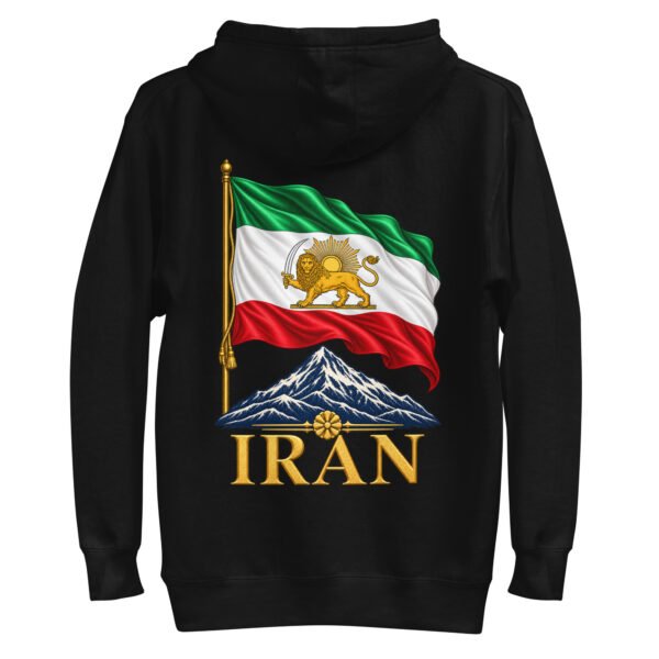 Black Lion and Sun Flag unisex hoodie, back view with waving Lion and Sun flag over Mount Damavand design