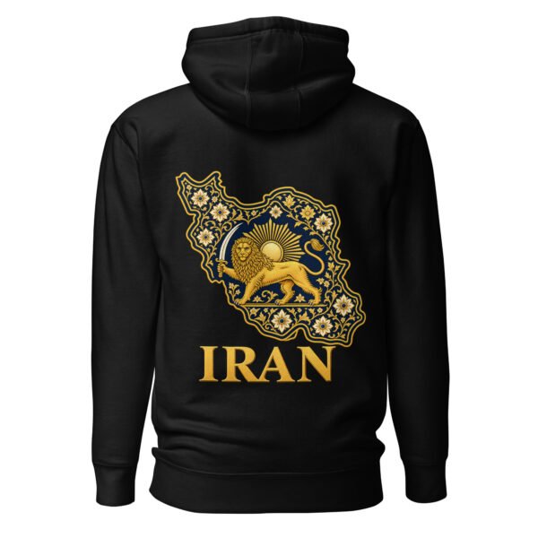 Black Reza Shah Lion and Sun unisex hoodie, back view with map of Iran with Persian tilework and Lion and Sun design