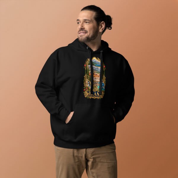 Black Tomb of Cyrus Iran unisex hoodie with panorama of Iran’s mountains, lakes, deserts and sea design, front view