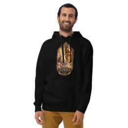 Black Zanjan unisex hoodie with Chehrabad salt mine and salt crystals design, front view