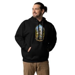 Black Tehran unisex hoodie with Azadi Tower and Mount Damavand design, front view