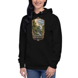 Black Semnan unisex hoodie with Qasr-e Bahram caravanserai in the Dasht-e Kavir design, front view