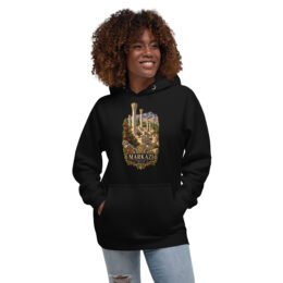Black Markazi unisex hoodie with ancient columns of Khorheh design, front view