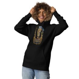 Black Kurdistan unisex hoodie with Ziwiye fortress and golden Mannaean motifs design, front view
