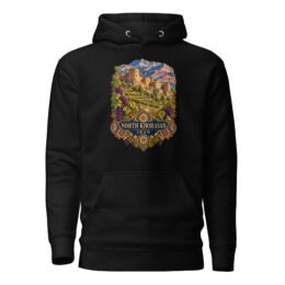 Black North Khorasan unisex hoodie with historic citadel of Shirvan and vineyards design, front view