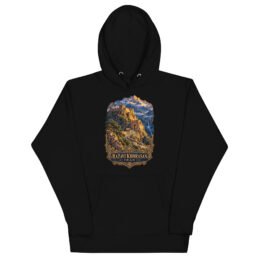 Black Khorasan Razavi unisex hoodie with Tomb of Ferdowsi in ancient Tus design, front view