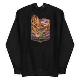 Black South Khorasan unisex hoodie with historic citadel of Birjand design, front view