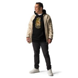 Black Kermanshah unisex hoodie with Taq-e Bostan Sasanian rock reliefs design, front view