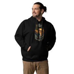 Black Isfahan unisex hoodie with Naqsh-e Jahan Square and Ali Qapu Palace design, front view