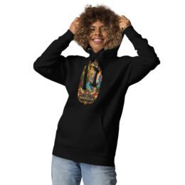 Black Hormozgan unisex hoodie with Portuguese Castle of Hormuz and the Persian Gulf design, front view