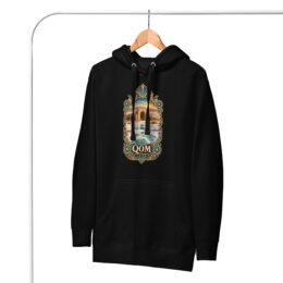 Black Qom unisex hoodie with Deir-e Gachin caravanserai in the desert design, front view