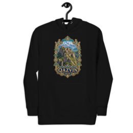 Black Qazvin unisex hoodie with Alamut Castle on its rocky Alborz cliff design, front view