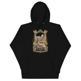 Black Fars unisex hoodie with Persepolis and Achaemenid columns design, front view